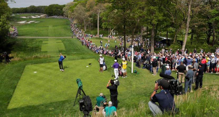 Brooks Koepka hits off the eighth tee during the final round of the PGA Championship golf tournament, Sunday, May 19, 2019, at Bethpage Black in Farmingdale, N.Y. (AP Photo/Julio Cortez)