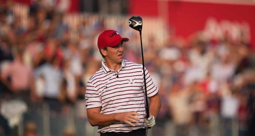 United States' Eli Manning watches his tee shot on the first hole during the celebrity Ryder Cup golf tournament, Wednesday, Sept. 24, 2025, on the Bethpage Black golf course, in Farmingdale, N.Y. (AP Photo/Matt Slocum)