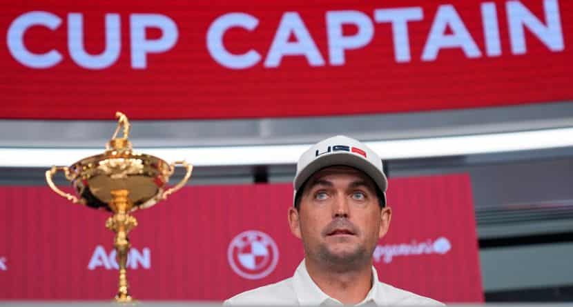Keegan Bradley participates in a news conference in New York, Tuesday, July 9, 2024 in which he was introduced as the U.S. Ryder Cup captain for 2025. (AP Photo/Seth Wenig)