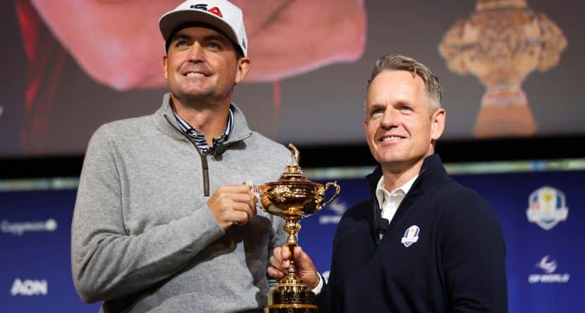 United States captain Keegan Bradley, left, and Europe captain Luke Donald pose for a photo with the Ryder Cup trophy after a press conference in New York, Tuesday, Oct. 8, 2024, in New York. (AP Photo/Heather Khalifa)