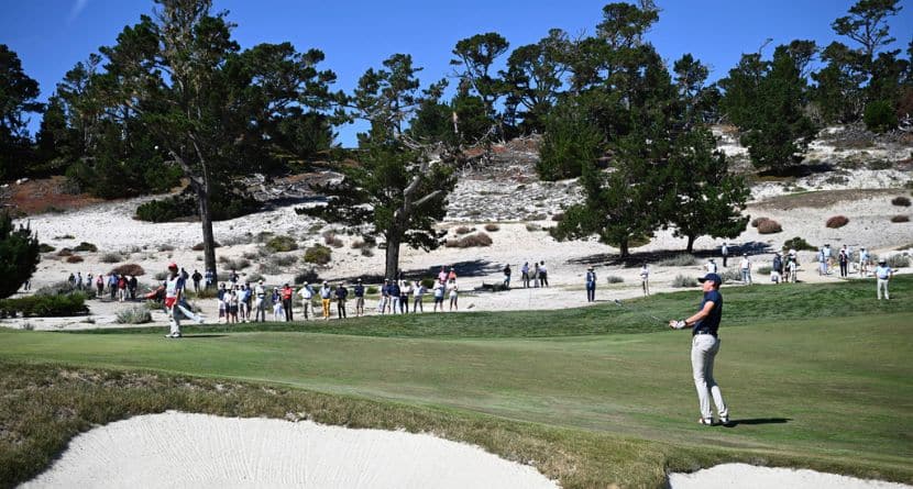 The USA team's Mason Howell takes his approach shot off the sixth green during Walker Cup golf matches at Cypress Point Club on Sunday, Sept. 7, 2025, in Pebble Beach, Calif. (AP Photo/Thien-An Truong )