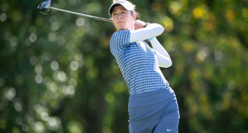 Nelly Korda drives the ball on the eighth hole during the first round of the Kroger Queen City Championship golf tournament, Thursday, Sept. 11, 2025, at TPC River's Bend in Cincinnati. (AP Photo/Tanner Pearson)