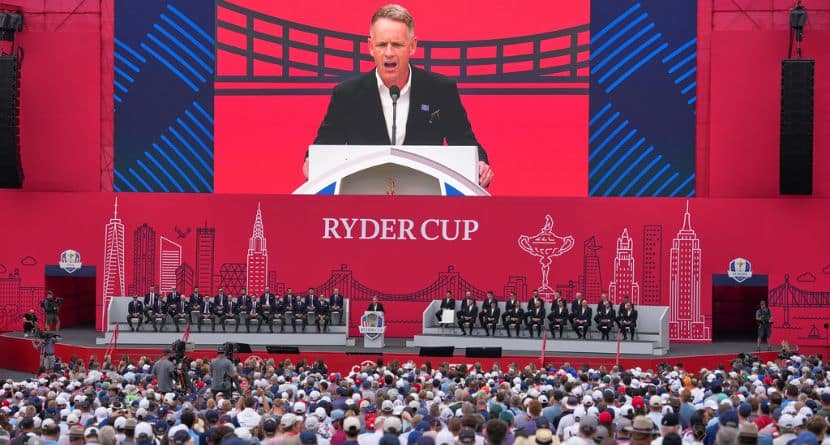 United States captain Keegan Bradley speaks during the opening ceremonies for the Ryder Cup golf tournament, Wednesday, Sept. 24, 2025, on the Bethpage Black golf course, in Farmingdale, N.Y. (AP Photo/Lindsey Wasson)