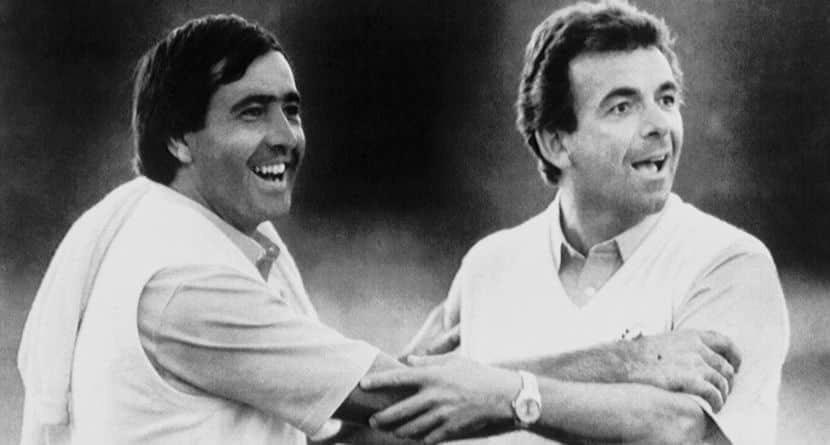 Spanish golfer Severiano Ballesteros and Ryder Cup team captain Tony Jacklin celebrate their team's finish in Saturday's four ball match round of the Ryder Cup competition at the Muirfield Village Golf Club in Dublin, Ohio on Sept. 25, 1987. (AP Photo/Greg Sailor)