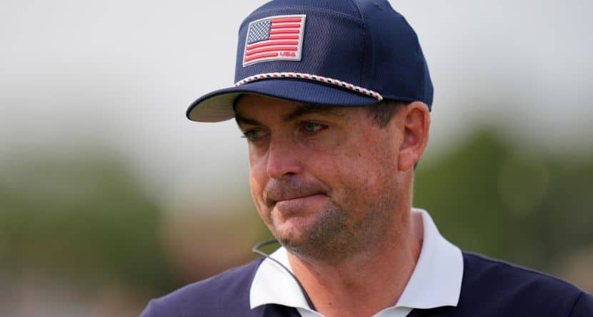 United States captain Keegan Bradley watches on the first hole at Bethpage Black golf course during the Ryder Cup golf tournament, Saturday, Sept. 27, 2025, in Farmingdale, N.Y. (AP Photo/Seth Wenig)