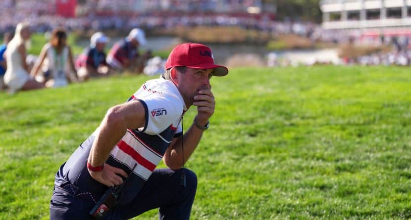 United States captain Keegan Bradley watches on the 16th hole during their singles match on the Bethpage Black golf course at the Ryder Cup golf tournament, Sunday, Sept. 28, 2025, in Farmingdale, N.Y. (AP Photo/Matt Slocum)