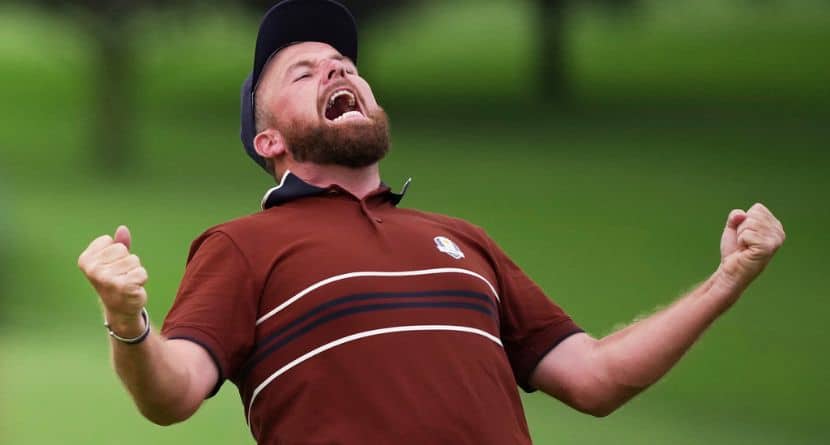 Europe's Shane Lowry react after their match win on the 18th hole at Bethpage Black golf course during the Ryder Cup golf tournament, Saturday, Sept. 27, 2025, in Farmingdale, N.Y. (AP Photo/Matt Slocum)