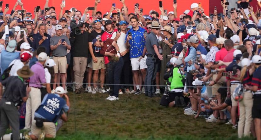 Europe's Tommy Fleetwood hits from the rough on the first hole at Bethpage Black golf course during the Ryder Cup golf tournament, Saturday, Sept. 27, 2025, in Farmingdale, N.Y. (AP Photo/Lindsey Wasson)