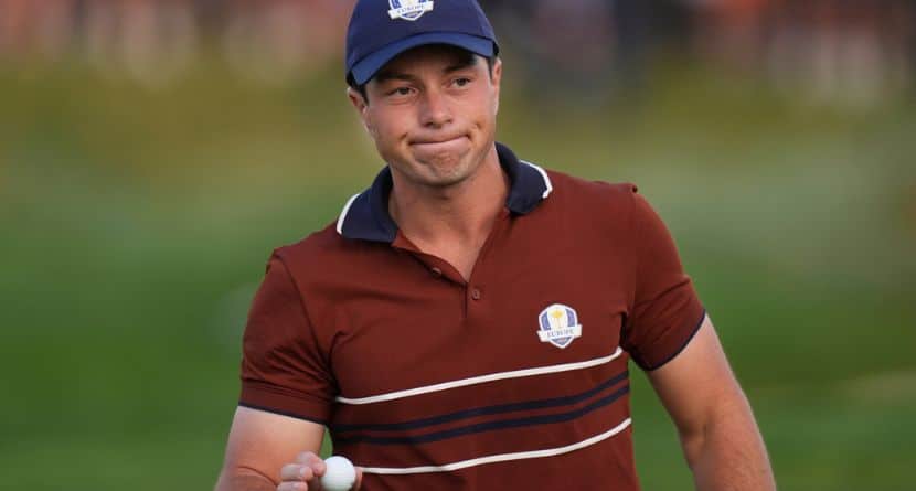 Europe's Viktor Hovland waves after making a putt on the second hole at Bethpage Black golf course during the Ryder Cup golf tournament, Saturday, Sept. 27, 2025, in Farmingdale, N.Y. (AP Photo/Seth Wenig)