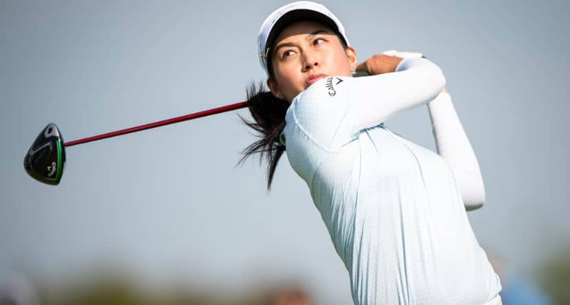 Jeeno Thitikul, of Thailand, tees off on the first hole during the fourth round of the Kroger Queen City Championship golf tournament, Sunday, Sept. 14, 2025, at TPC River's Bend in Cincinnati. (AP Photo/Tanner Pearson)