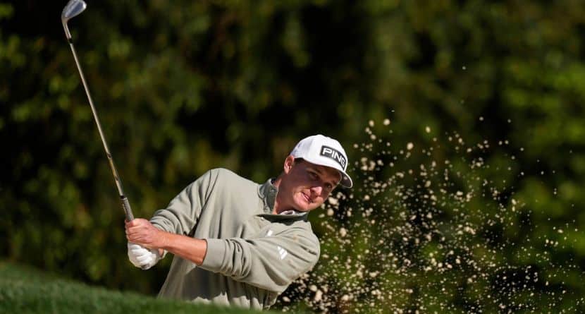 Matt McCarty hits from the bunker on the 10th green during a practice round at the Masters golf tournament, on April 8, 2025, in Augusta, Ga. (AP Photo/Matt Slocum)