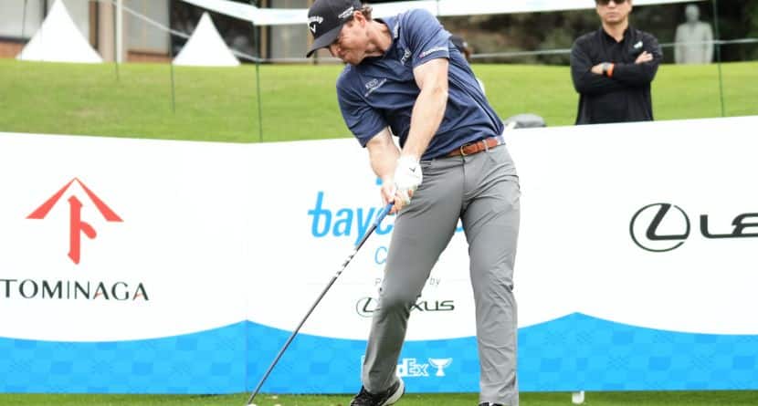Max Greyserman of the U.S. tees off on the 17th hole during the first round of the Baycurrent Classic golf tournament at the Yokohama Country Club in Yokohama, near Tokyo, Thursday, Oct. 9, 2025. (AP Photo/Hiro Komae)