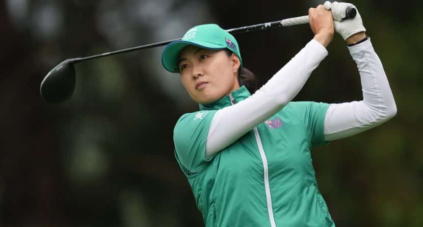 Minjee Lee of Australia tees off on the 3rd hole during the final between the United States team and Australia team for the LPGA International Crown golf tournament at the New Korea Country Club in Goyang, South Korea, Sunday, Oct. 26, 2025. (AP Photo/Lee Jin-man)