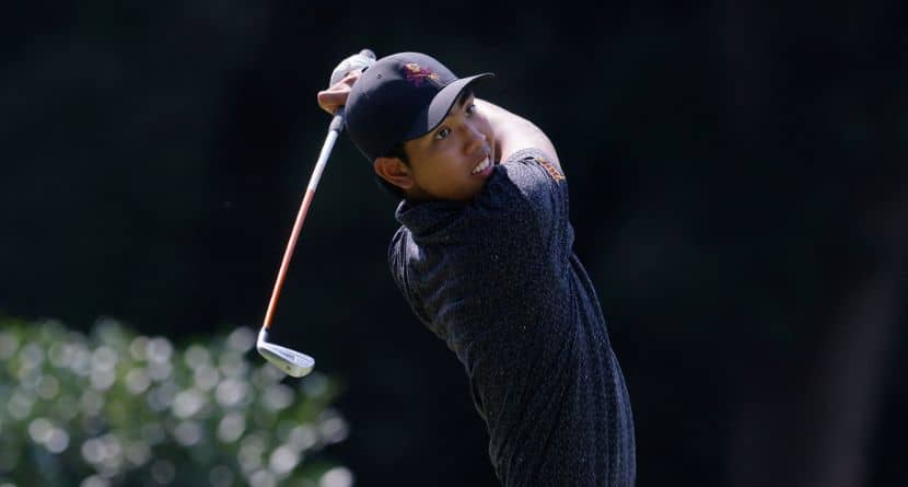 Arizona State golfer Pongsapak Laopakdee tees off during the Ben Hogan Collegiate Invitational Golf Tournament on Tuesday, Sept. 30, 2025, in Fort Worth, Texas. (AP Photo/Mike Buscher)