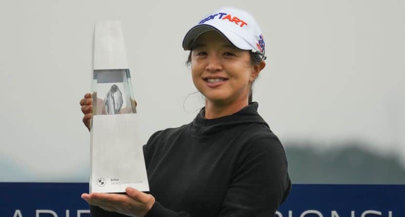 Sei Young Kim of South Korea holds the winning trophy during the awards ceremony after winning the LPGA Ladies Championship golf tournament at the Pine Beach Golf Links, in Haenam, South Korea, Sunday, Oct. 19, 2025. (AP Photo/Lee Jin-man)