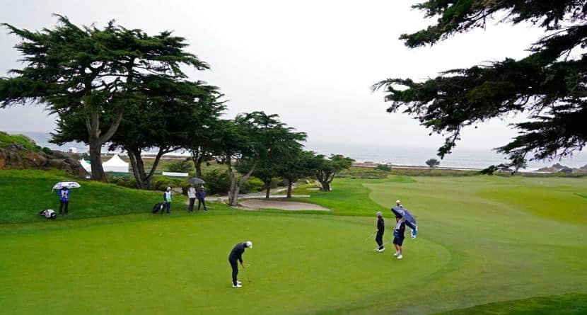 Viktor Hovland, of Norway, putts on the 10th green of the Monterey Peninsula Country Club Shore Course during the second round of the AT&T Pebble Beach Pro-Am golf tournament in Pebble Beach, Calif., Friday, Feb. 3, 2023. (AP Photo/Eric Risberg)