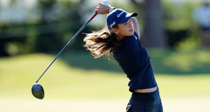 Kai Trump, granddaughter of President Donald Trump, hits on the 17th hole during the first round of The Annika LPGA golf tournament Thursday, Nov. 13, 2025, in Belleair, Fla. (AP Photo/Chris O'Meara)