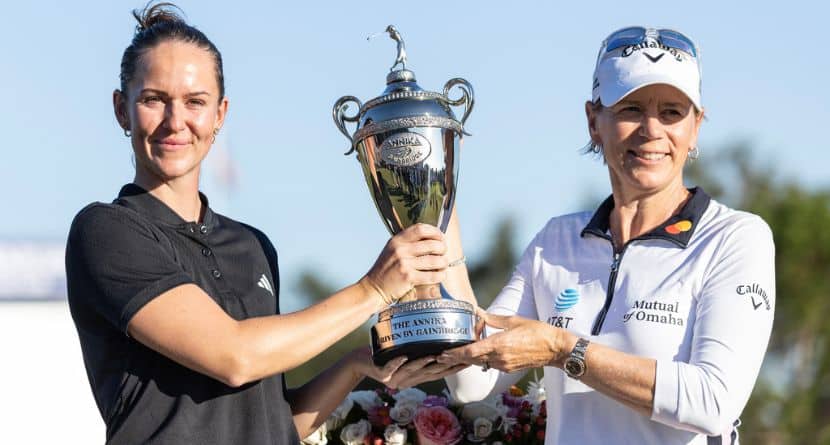 Linn Grant, left, and Annika Sorenstam, right, hold the championship trophy after Grant's win on the final day of The Annika LPGA golf tournament in Belleair, Fla., Sunday, Nov. 16, 2025. (AP Photo/Willie J. Allen Jr.)