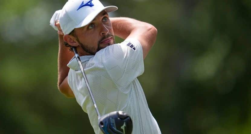Marco Penge, of England, watches his tee shot on the third hole during the third round of the PGA Championship golf tournament at the Quail Hollow Club, Saturday, May 17, 2025, in Charlotte, N.C. (AP Photo/George Walker IV)