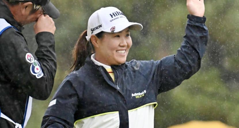 Japan's Nasa Hataoka reacts after winning the LPGA's Toto Japan Classic in Otsu, Shiga prefecture, Japan Sunday, Nov. 9, 2025. (Kyodo News via AP)
