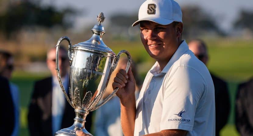Sami Valimaki celebrates on the 18th green during the final round of the RSM Classic golf tournament, Sunday, Nov. 23, 2025, in St. Simons Island, Ga. (AP Photo/Mike Stewart)