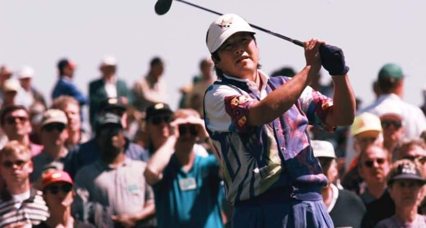 Japan's Jumbo Ozaki watches his tee shot on the third hole during his opening round of the Masters at the Augusta National Golf Club in Augusta, Ga., April 10, 1997. (AP Photo/Bill Waugh)