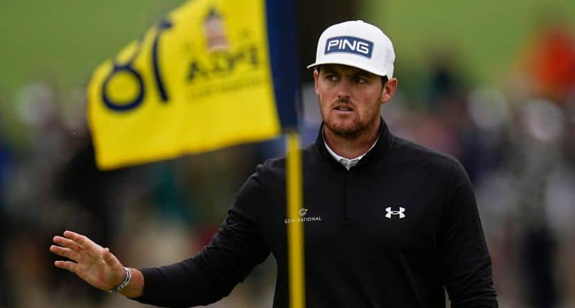 Mito Pereira, of Chile, waves after making a putt on the 18th hole during the third round of the PGA Championship golf tournament at Southern Hills Country Club, Saturday, May 21, 2022, in Tulsa, Okla. (AP Photo/Sue Ogrocki)