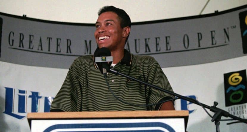 Tiger Woods answers questions at a news conference following play in the pro-am at the Greater Milwaukee Open Wednesday, Aug. 28, 1996, at the Brown Deer Golf Course, in Milwaukee. (AP Photo/Peter Zuzga)