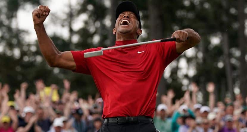Tiger Woods reacts as he wins the Masters golf tournament, Sunday, April 14, 2019, in Augusta, Ga. (AP Photo/David J. Phillip)