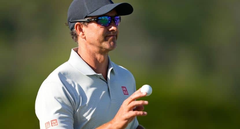 Adam Scott, of Australia, reacts on the 13th green during the second round of the Sony Open golf event at the Waialae Country Club in Honolulu, Friday, Jan. 16, 2026. (AP Photo/Matt York)