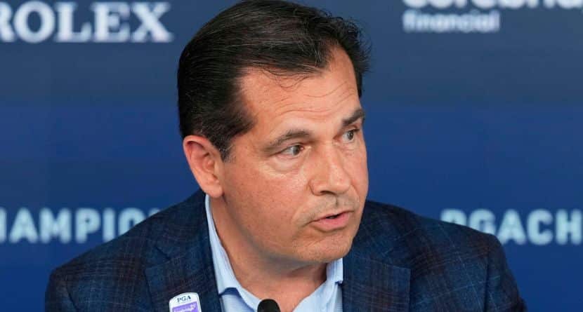 Derek Sprague, CEO of the PGA of America, speaks during a news conference at the PGA Championship golf tournament at the Quail Hollow Club,, May 13, 2025, in Charlotte, N.C. (AP Photo/Matt York)