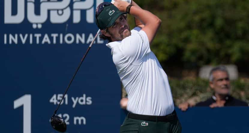 Nacho Elvira of Spain hits off the first tee during the final round of Dubai Invitational golf tournament in Dubai, United Arab Emirates, Sunday, Jan. 18, 2026. (AP Photo/Altaf Qadri)