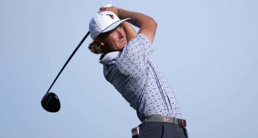 Austin Smotherman hits his tee shot on the 16th hole during the final round of the American Express golf event on the Pete Dye Stadium Course at PGA West Sunday, Jan. 25, 2026, in La Quinta, Calif. (AP Photo/Ross D. Franklin)