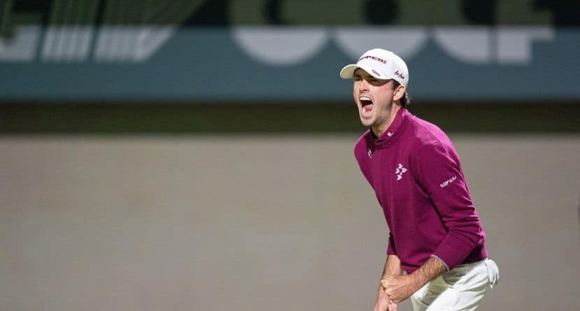 Elvis Smylie of Ripper GC reacts after his final putt on the 18th green during the final round of the LIV Golf tournament at Riyadh Golf Club, Saturday, Feb. 7, 2026 in Riyadh, Saudi Arabia. (Pedro Salado/LIV Golf via AP)