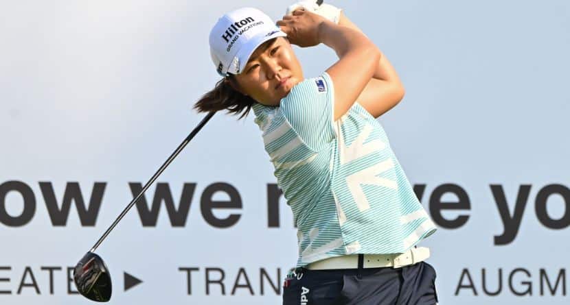 Nasa Hataoka, of Japan watches her tee shot on the 1st green during the first round of the LPGA Honda Thailand golf tournament in Pattaya, Thailand, Thursday, Feb. 19, 2026. (AP Photo/Kittinun Rodsupan)