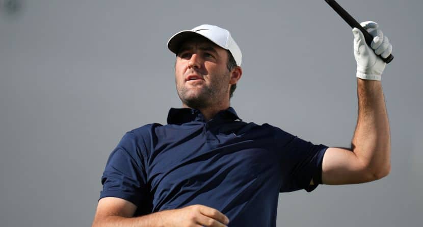 Scottie Scheffler watches his tee shot at the 17th hole during the first round of the Phoenix Open golf tournament at the TPC Scottsdale Stadium Course Thursday, Feb. 5, 2026, in Scottsdale, Ariz. (AP Photo/Ross D. Franklin)