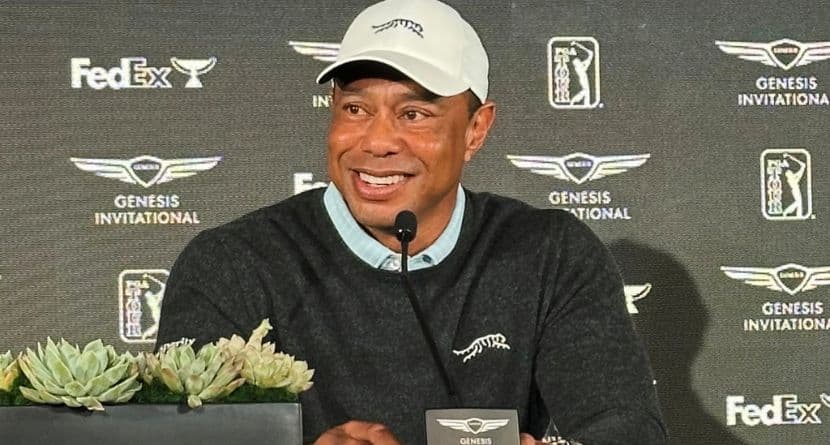 Tiger Woods speaks to the media at Riviera Country Club in Los Angeles, Tuesday, Feb. 17, 2026, ahead of the Genesis Invitational, where he is the tournament host. (AP Photo/Doug Ferguson)