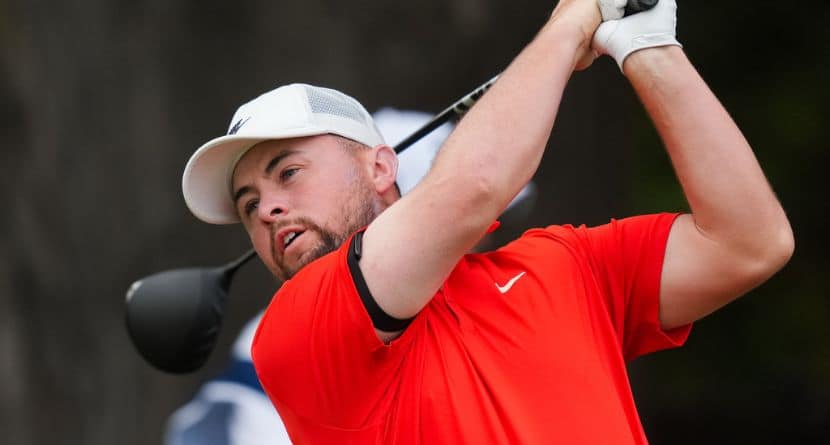 Alex Fitzpatrick of England tees off the 17th hole during the first round of the Australian Open golf tournament in Melbourne, Australia, Thursday, Dec. 4, 2025. (AP Photo/Asanka Brendon Ratnayake)
