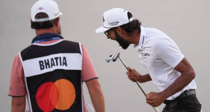 Akshay Bhatia, right, reacts after winning his playoff against Daniel Berger at the Arnold Palmer Invitational at Bay Hill golf tournament Sunday, March 8, 2026, in Orlando, Fla. (AP Photo/Matt Slocum)