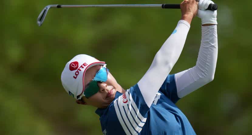 Hyo Joo Kim, of South Korea, hits her tee shot at the third hole during the final round of the LPGA Ford Championship golf tournament, Sunday, March 29, 2026, in Chandler, Ariz. (AP Photo/Ross D. Franklin)