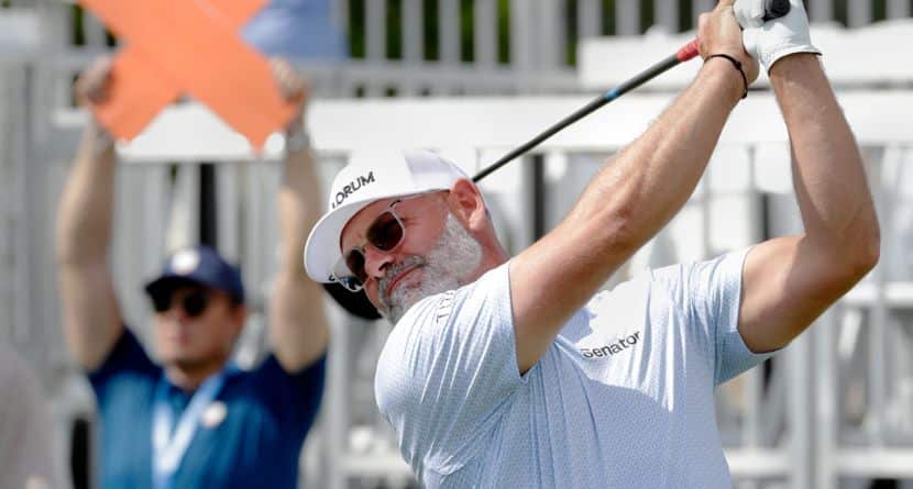 Paul Waring tees off on the 18th hole during the first round of the Texas Children's Houston Open golf tournament Thursday, March 26, 2026, in Houston. (AP Photo/Michael Wyke)