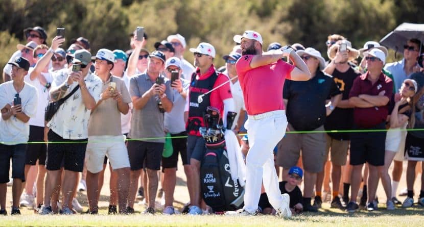 Captain Jon Rahm of Legion XIII hits his shot from the 13th fairway during the third round of the LIV Golf tournament at Grange Golf Club, Saturday, Feb 14, 2026 in Adelaide, Australia. (Mateo Villalba/LIV Golf via AP)