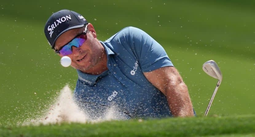 Ryan Fox, of New Zealand, hits out of a bunker on the first hole during the third round of the Arnold Palmer Invitational at Bay Hill golf tournament Saturday, March 7, 2026, in Orlando, Fla. (AP Photo/Matt Slocum)