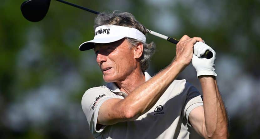 Bernhard Langer, of Germany, looks on after hitting his tee shot on the second hole during the final round of the PNC Championship golf tournament, Sunday, Dec. 21, 2025, in Orlando, Fla. (AP Photo/Phelan M. Ebenhack)