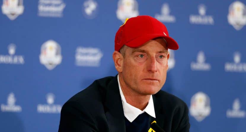 US team captain Jim Furyk attends the press conference of the losing team after Europe won the 2018 Ryder Cup golf tournament at Le Golf National in Saint Quentin-en-Yvelines, outside Paris, France, Sunday, Sept. 30, 2018. (AP Photo/Alastair Grant)