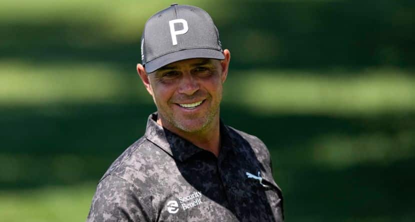 Gary Woodland smiles on the driving range before a practice round ahead of the Masters golf tournament at the Augusta National Golf Club, Tuesday, April 7, 2026, in Augusta, Ga. (AP Photo/Ashley Landis)