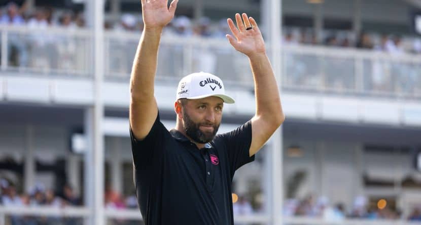 First-place individual champion captain Jon Rahm, of Legion XIII, celebrates on the 18th green after the final round of LIV Golf Mexico City at Club de Golf Chapultepec, Sunday, April 19, 2026, in Naucalpan, Mexico. (Jon Ferrey/LIV Golf via AP)