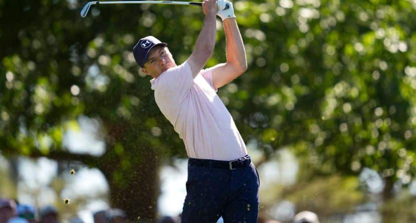 Jordan Spieth watches his tee shot on the fourth hole during the second round of the Masters golf tournament at the Augusta National Golf Club, Friday, April 10, 2026, in Augusta, Ga. (AP Photo/Ashley Landis)