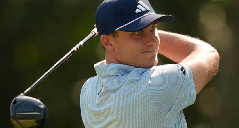 Ludvig Aberg, of Sweden, hits from the third tee during the first round at the RBC Heritage golf tournament, Thursday, April 16, 2026, in Hilton Head Island, S.C. (AP Photo/Mike Stewart)