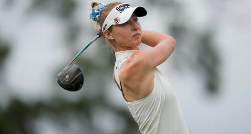 Nelly Korda hits from the fourth tee during the first round of the Chevron Championship LPGA golf tournament Thursday, April 23, 2026, in Houston. (AP Photo/Ashley Landis)